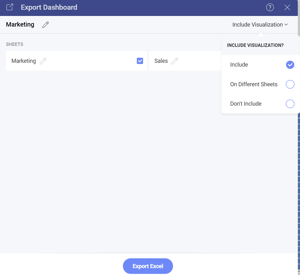 Settings for Excel spreadsheet in the Export Dashboard menu