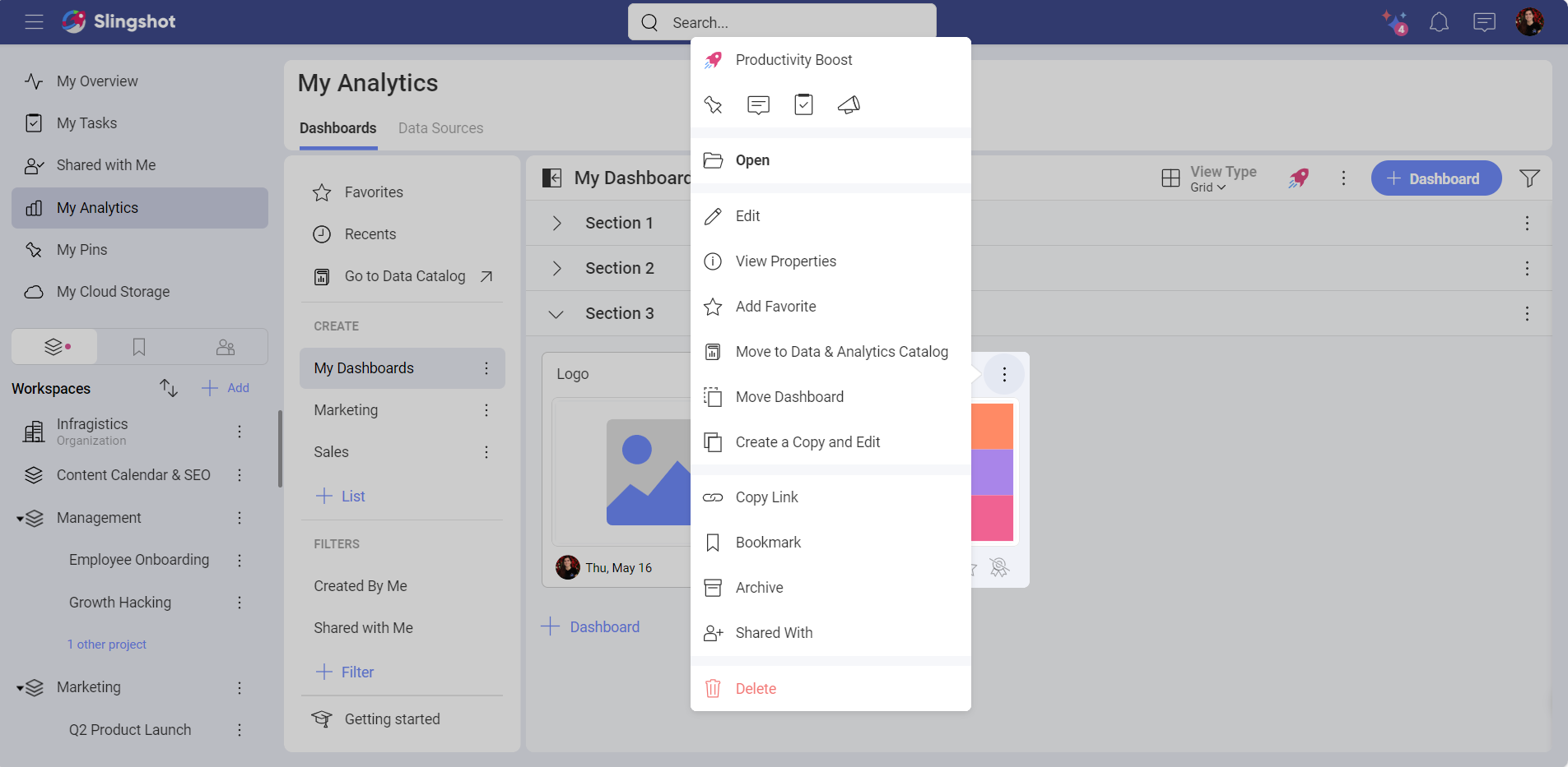 An option to move a dashboard to the Data & Analytics catalog