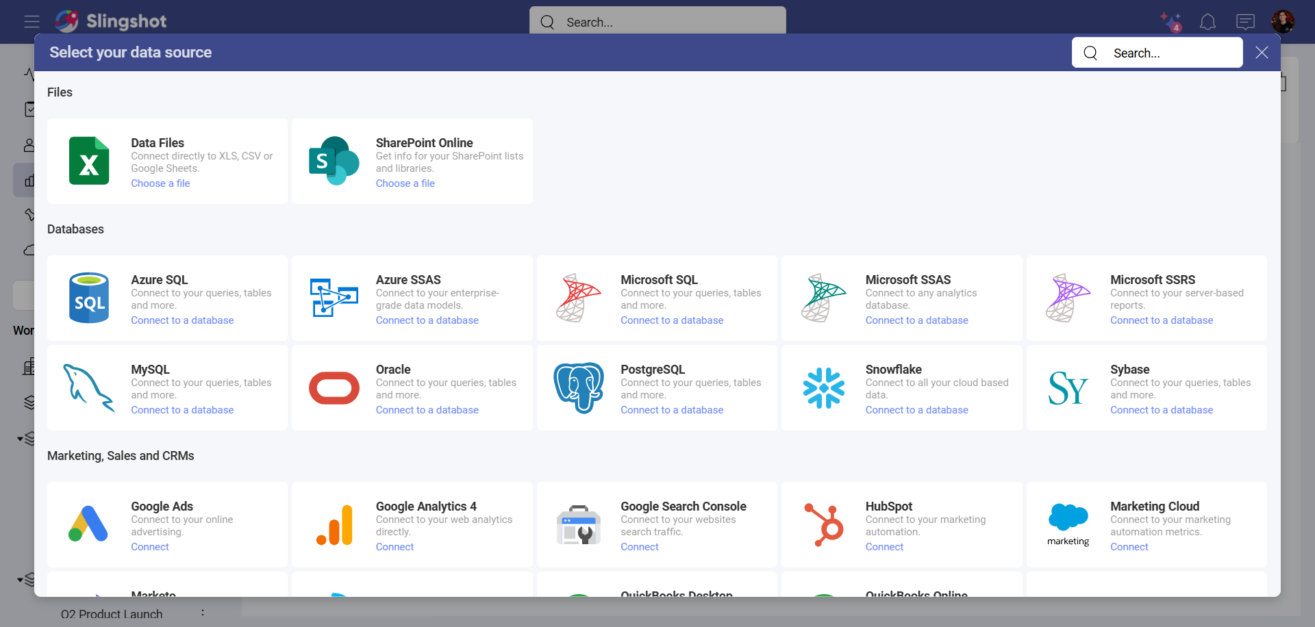 A list of data source categories in Slingshot