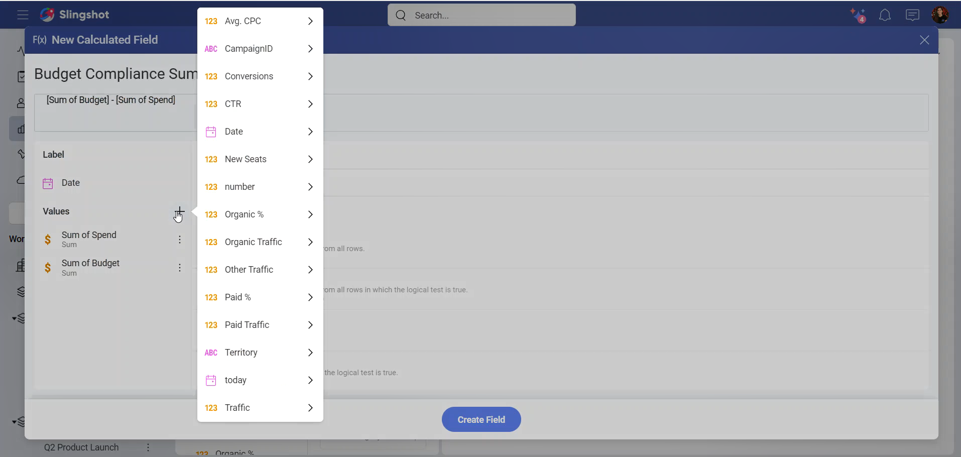 Adding fields in the calculated field screen