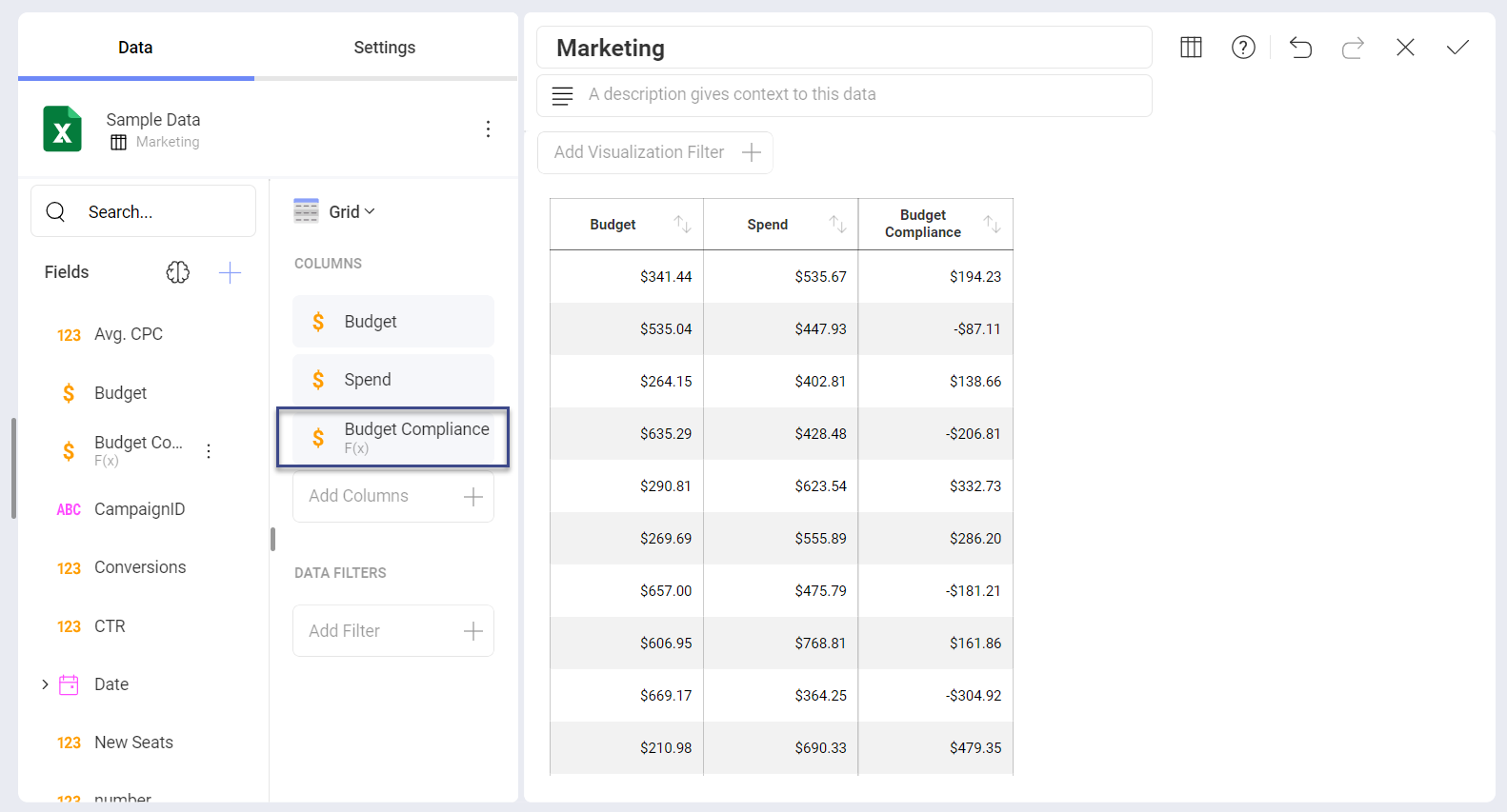 New calculated field shown in the column placeholder and in the visualization