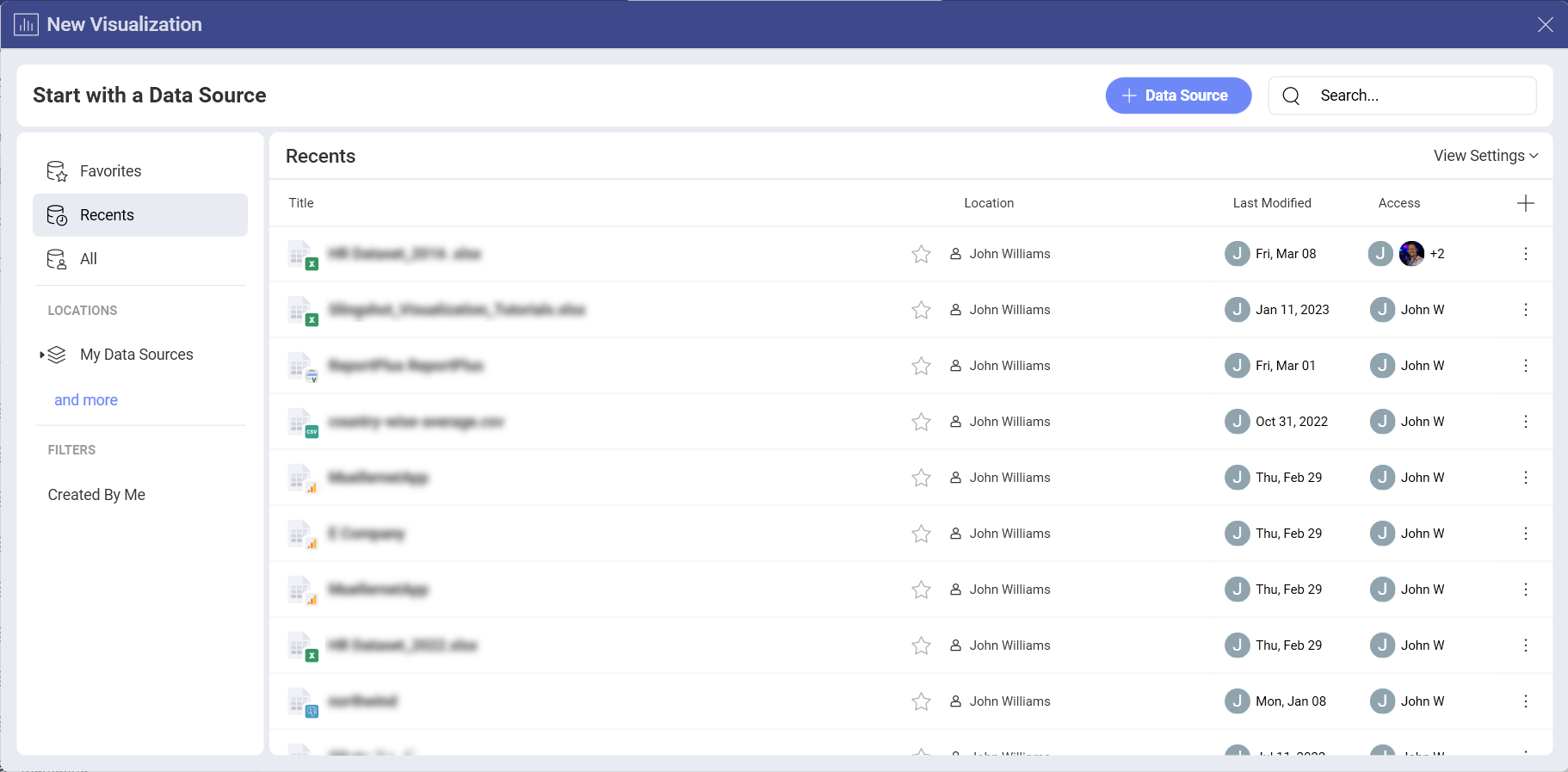 Dialog with a list of data sources