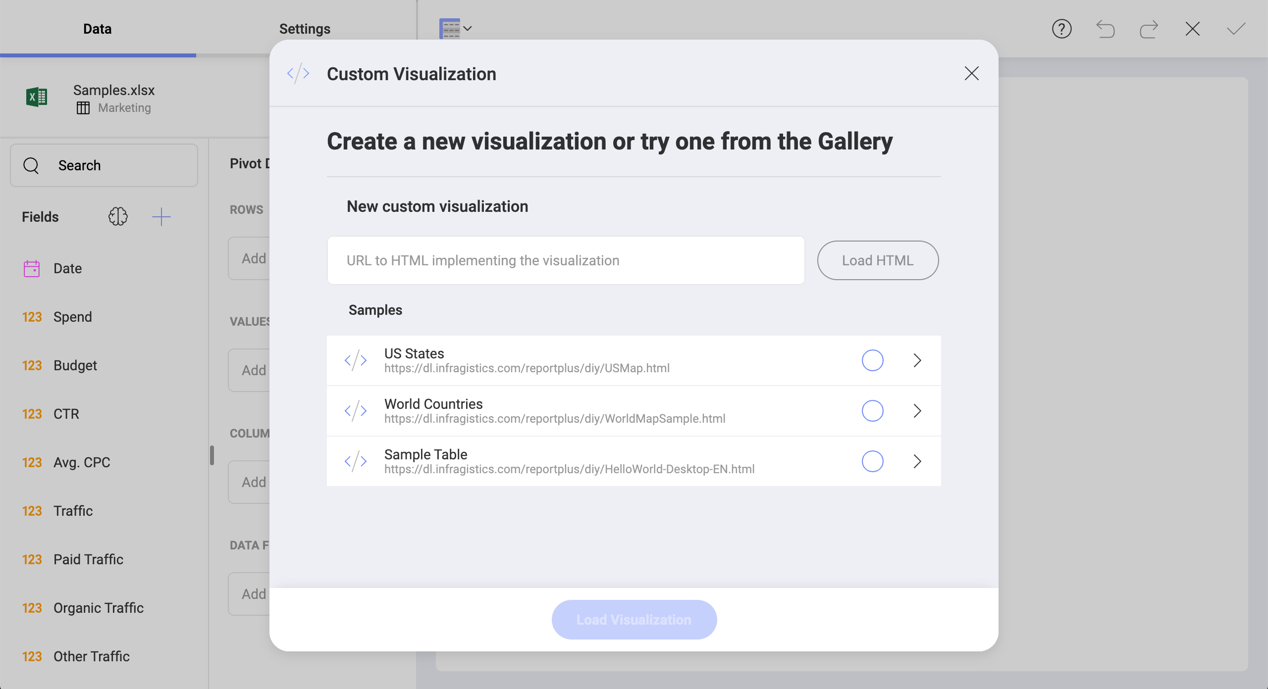 Showing the Custom Visualization configuration screen within Analytics