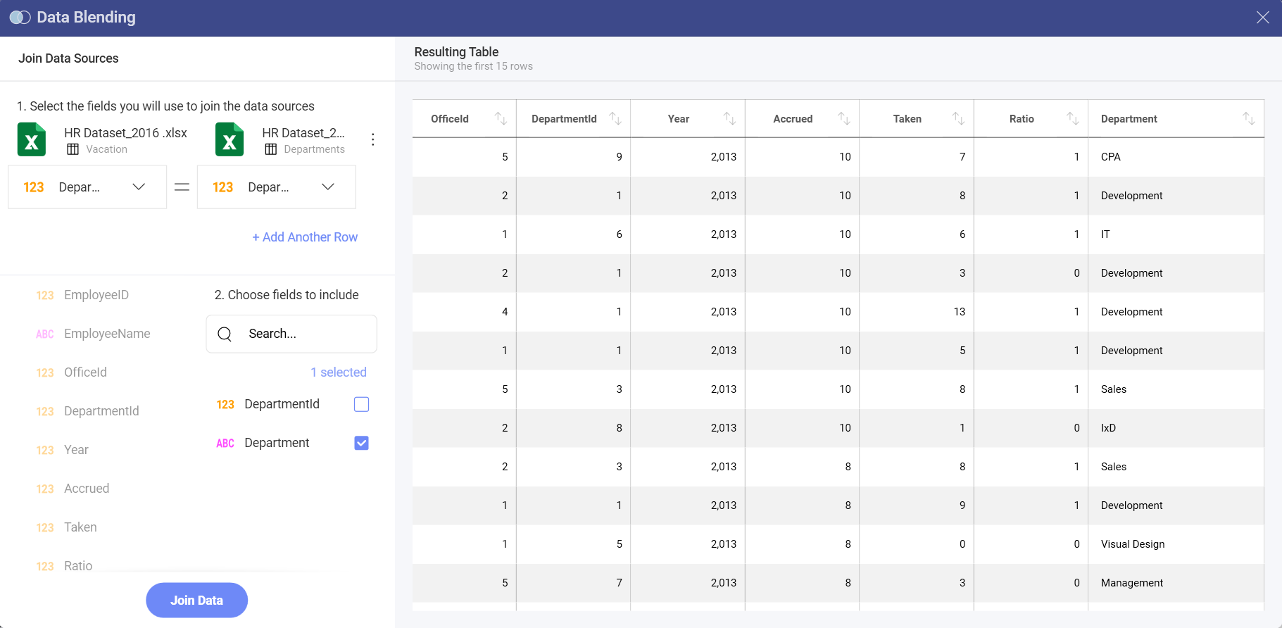 Data Blending Choose New Fields option