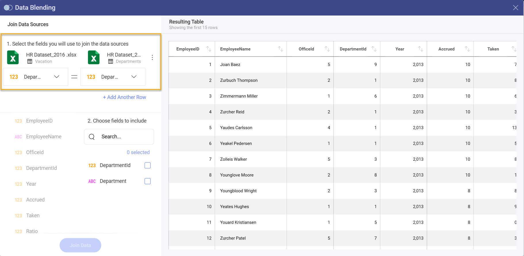 Data Blending Join Condition selection