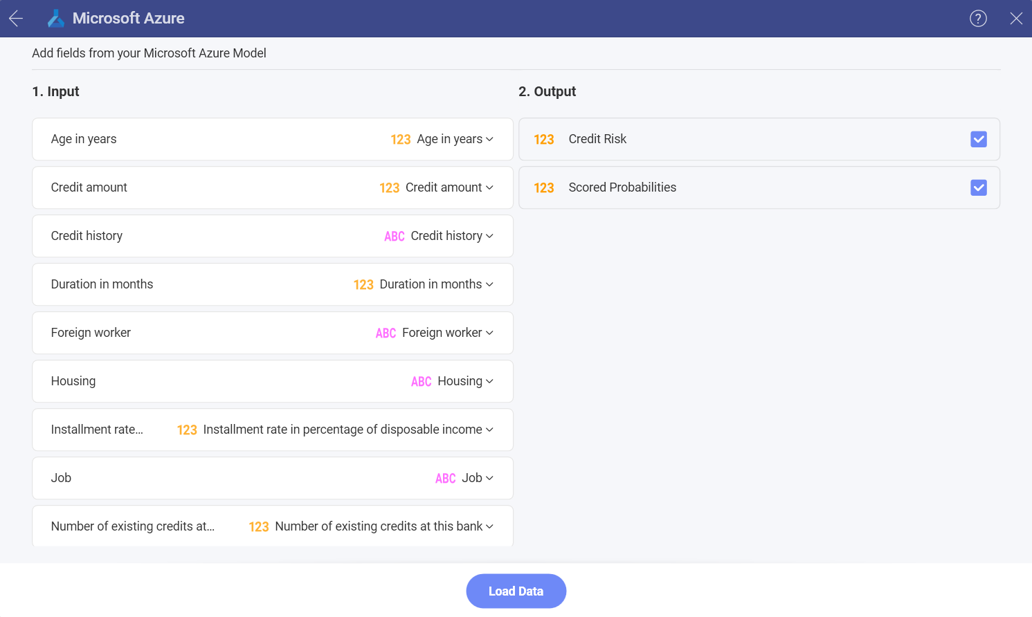 Input list in ML model connection dialog