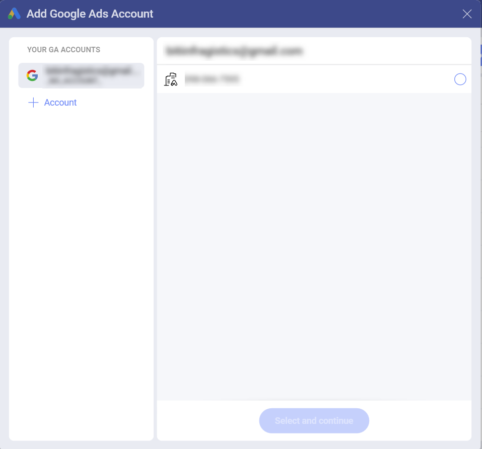 A dialog where you need to choose your Google Ads account