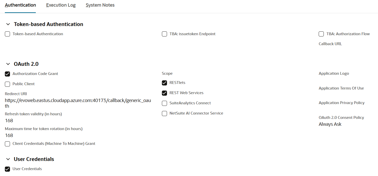 NetSuite authentication settings