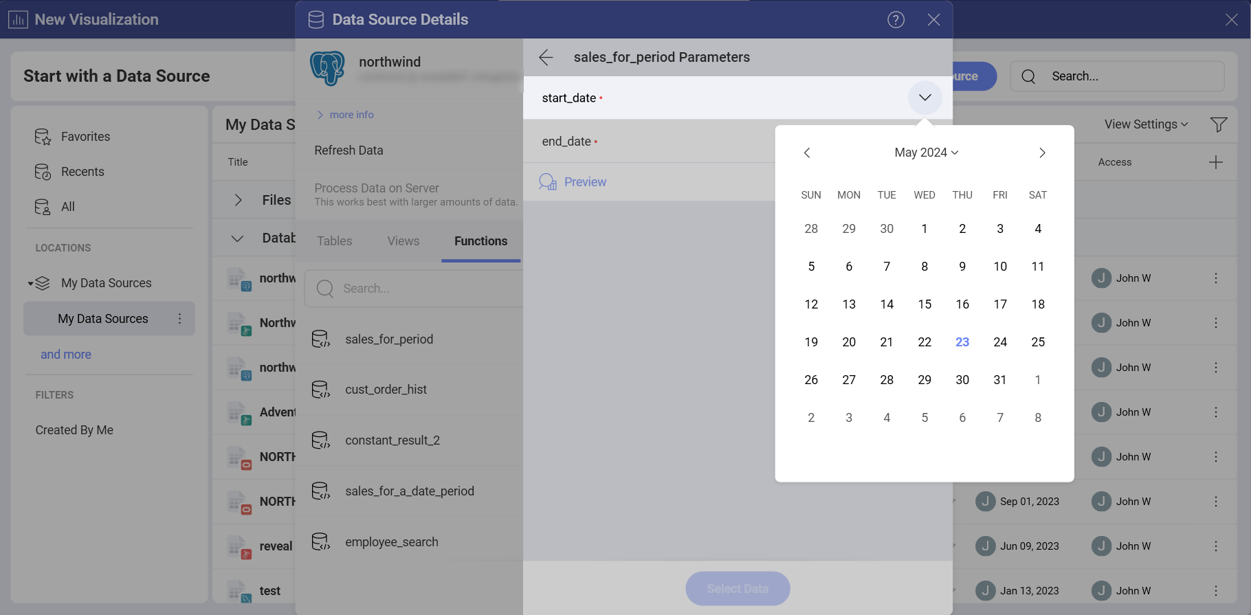 Example of Sales for period function parameters for PostgreSQL