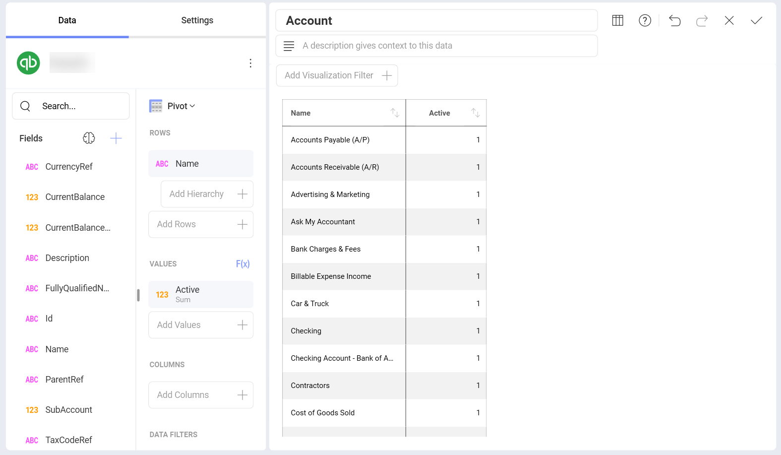 Quickbook data in the Visualization Editor