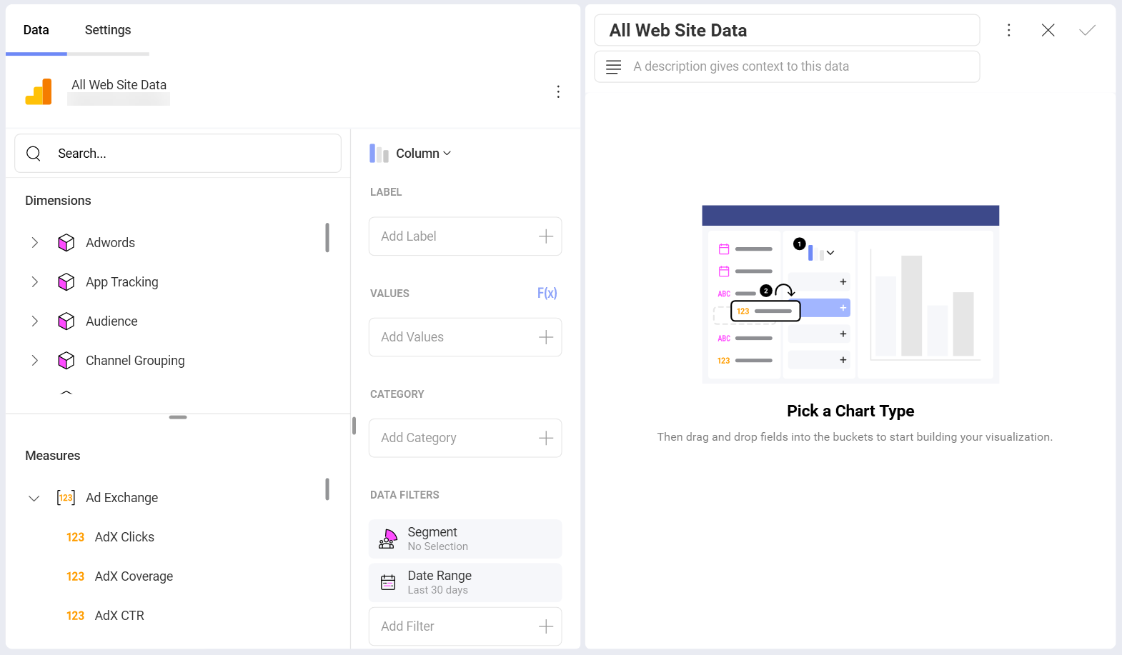 Visualization Editor showing a Google Analytics data cube