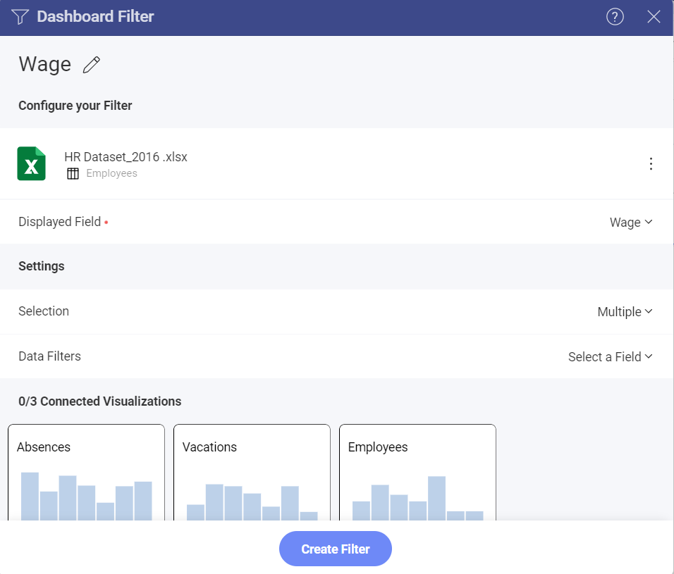 Dashboard Filter settings menu