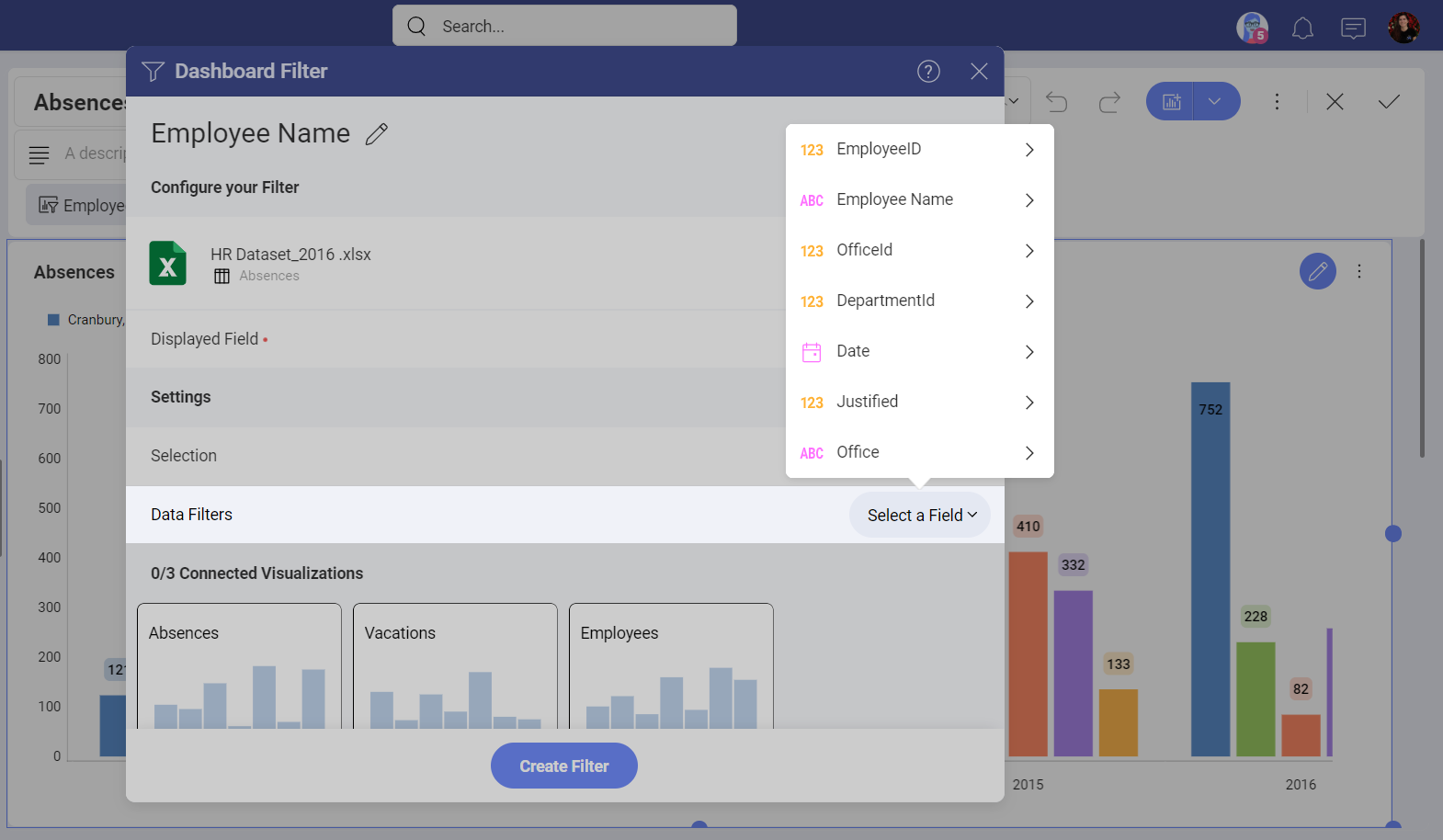 Selecting a field for a data filter in the dashboard filter settings menu