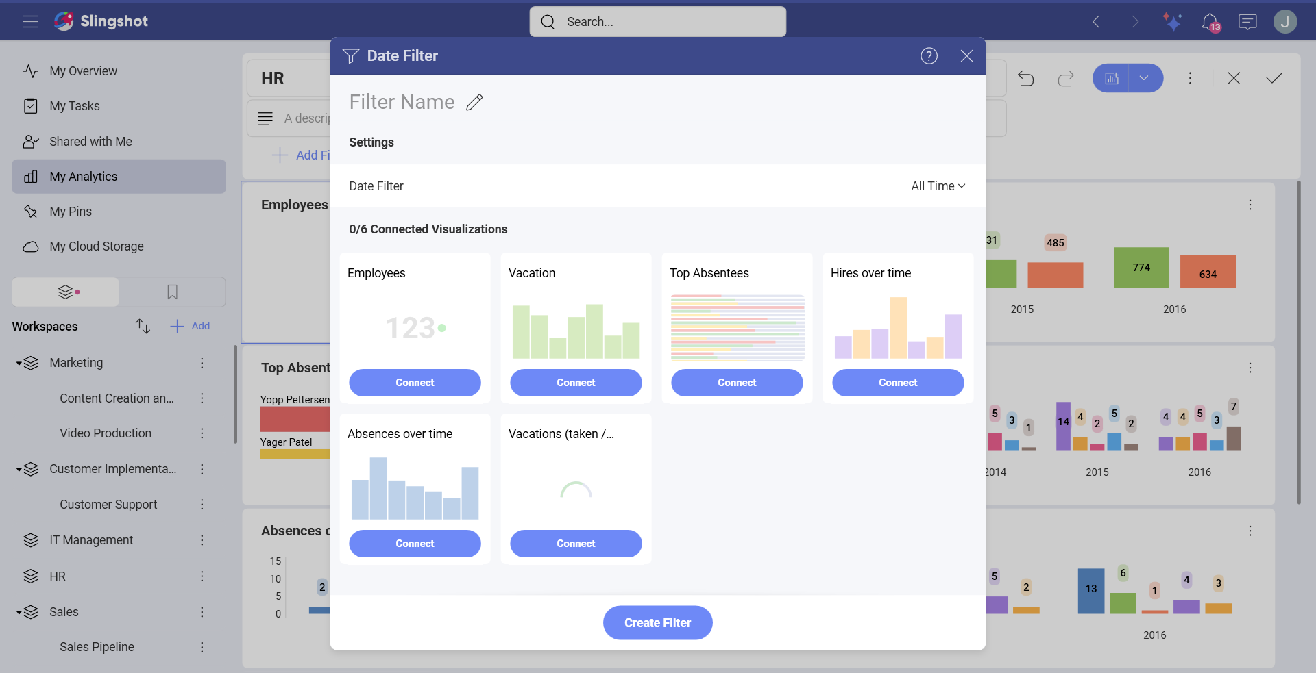 Filter Date Range dialog with a list of visualizations