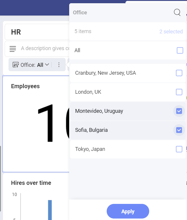 Filters multiple selections applied to a dashboard