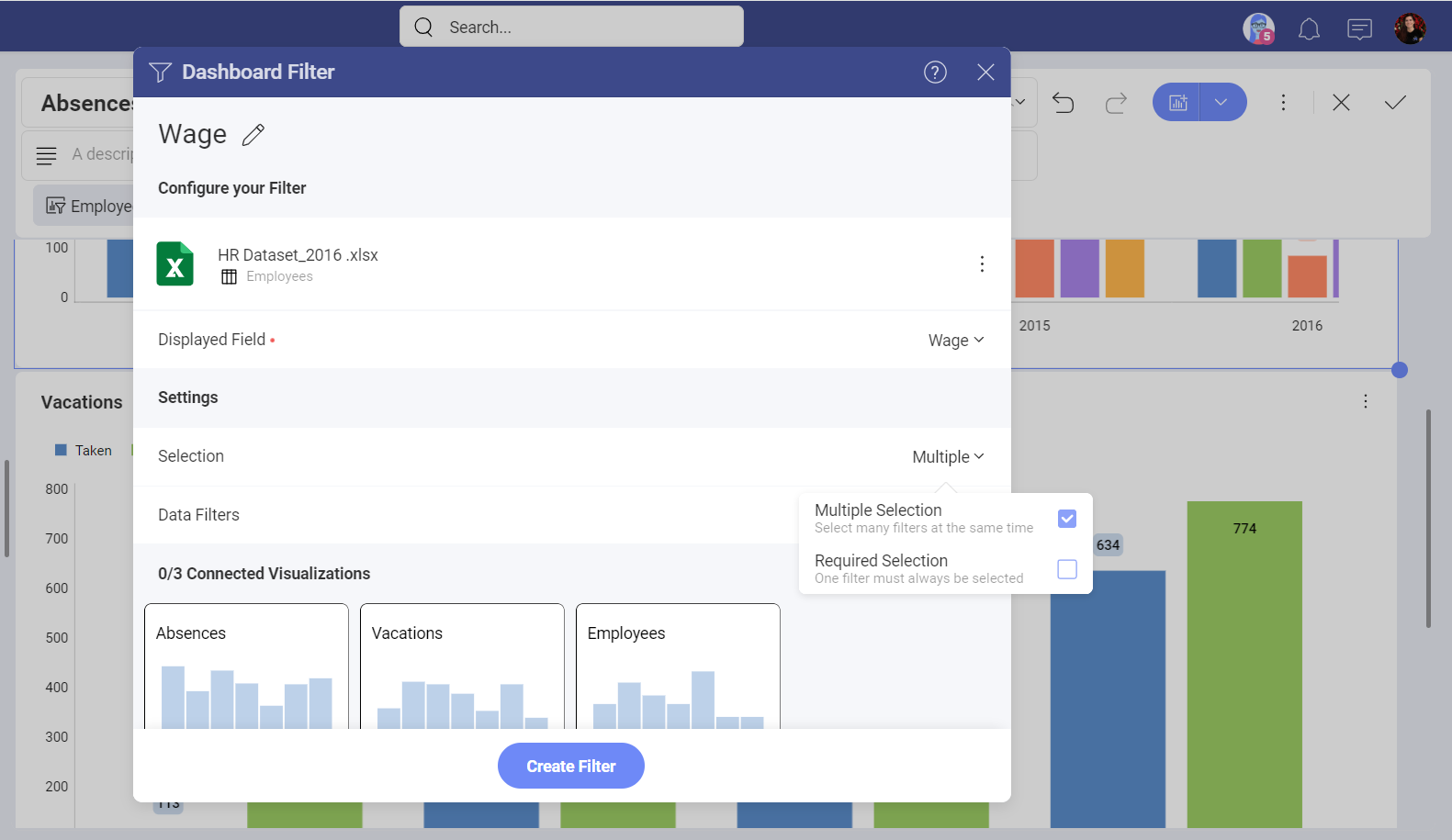 Multiple selections for dashboard filters