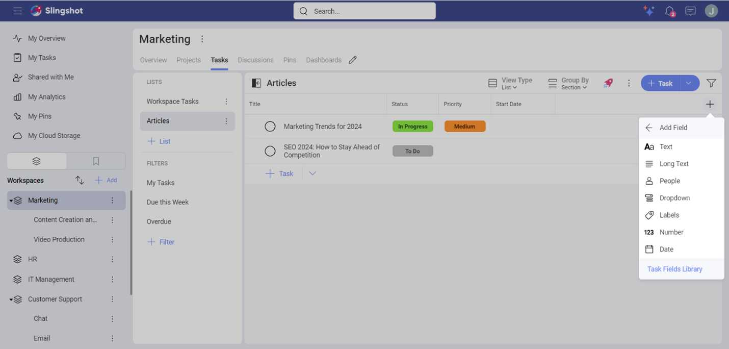 Task Fields LIbrary in a list of different types of custom fields