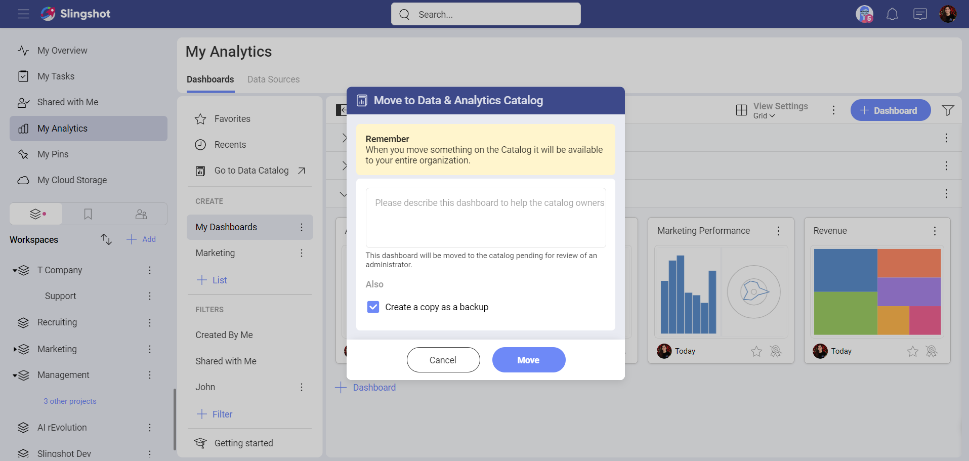 Data Catalog dashboard request within Slingshot