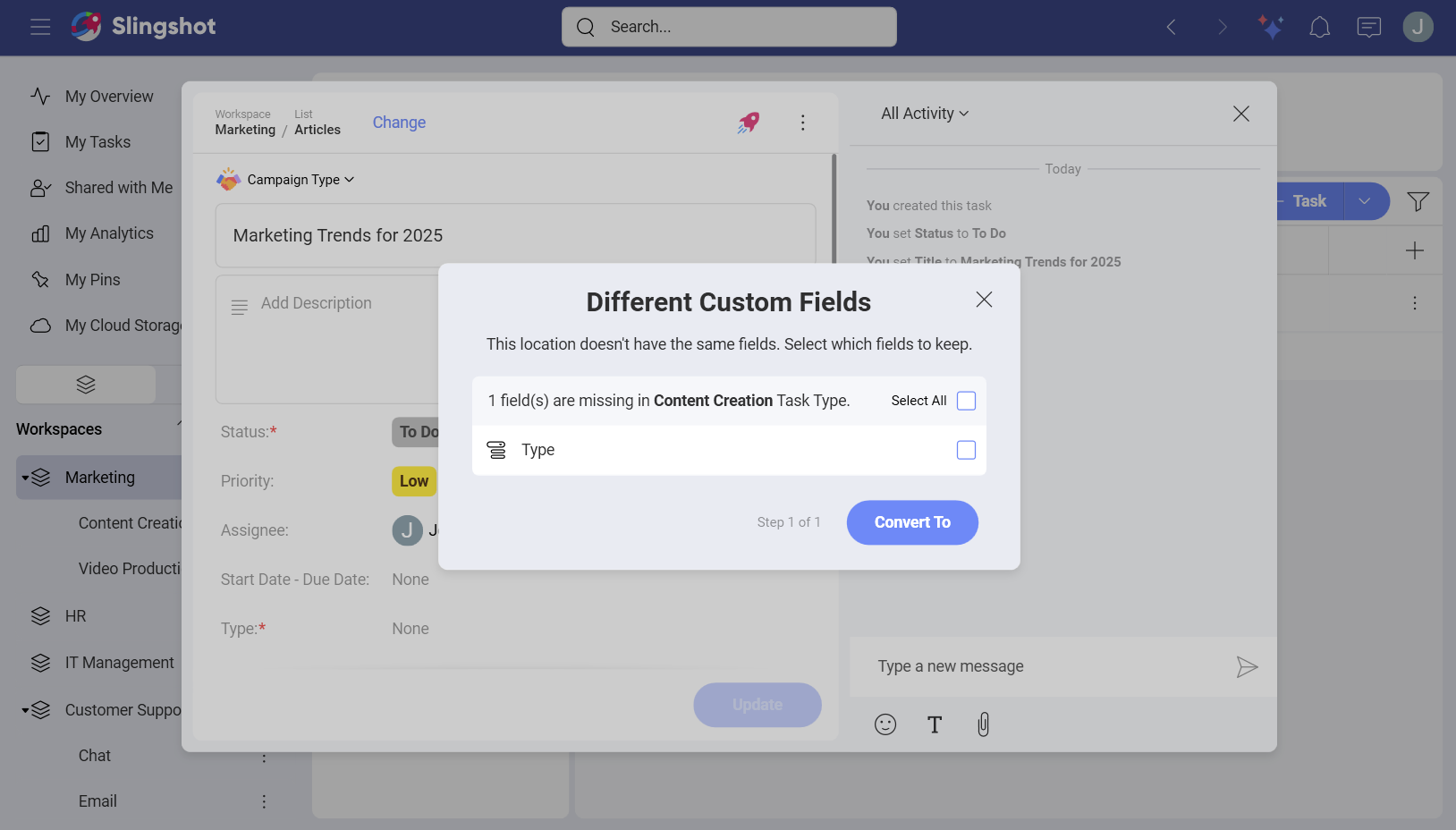 Example of a dialog box with different custom fields for a type