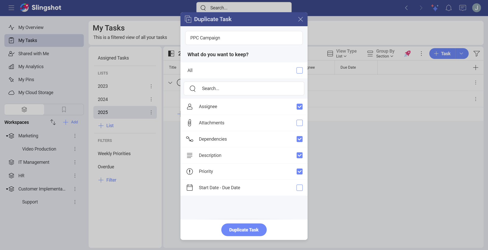 Dialog with task duplication filters