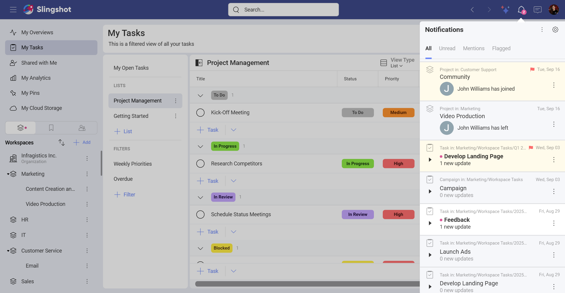 Notifications panel within Slingshot
