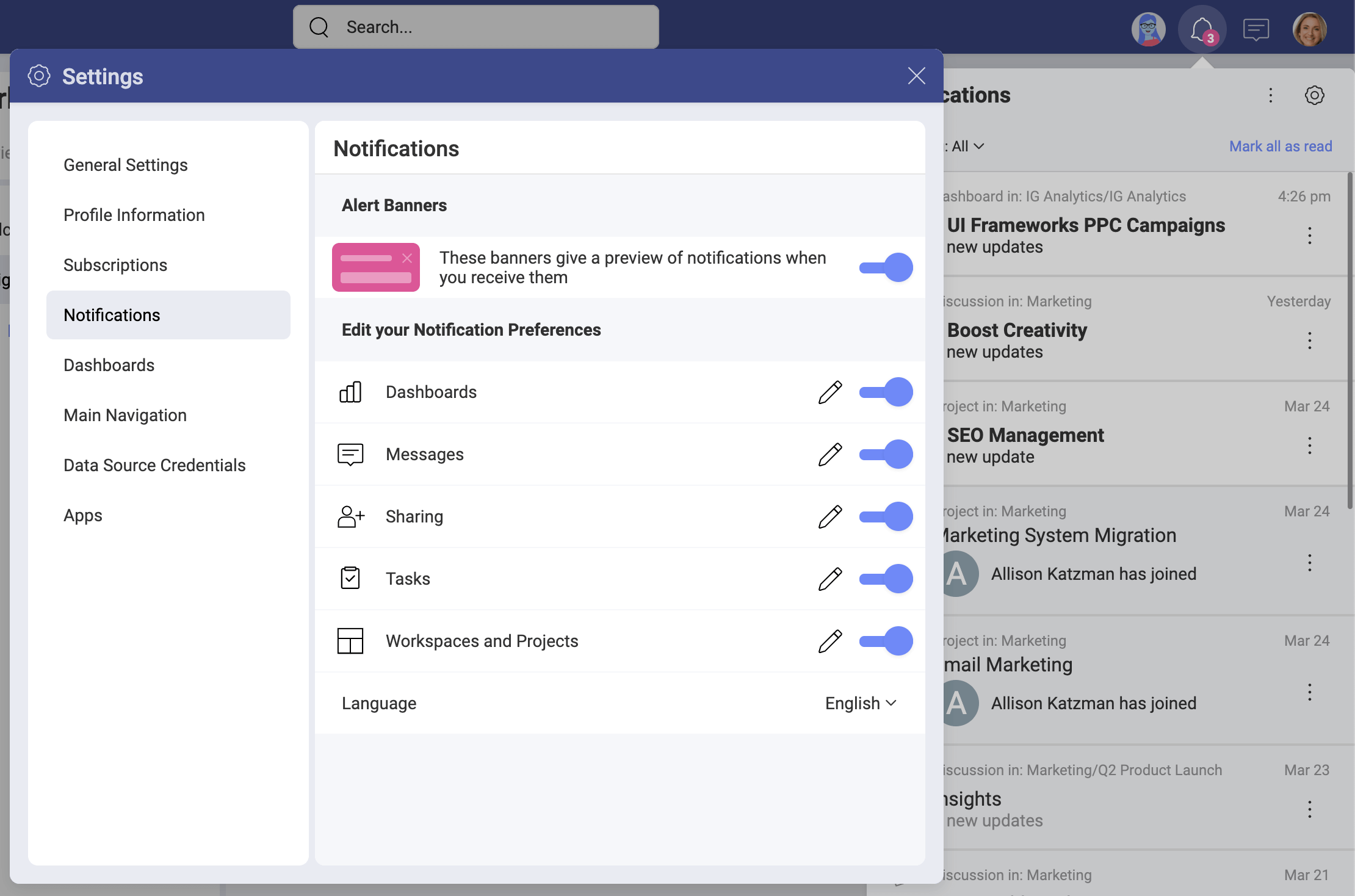 Notifications panel within the Settings menu