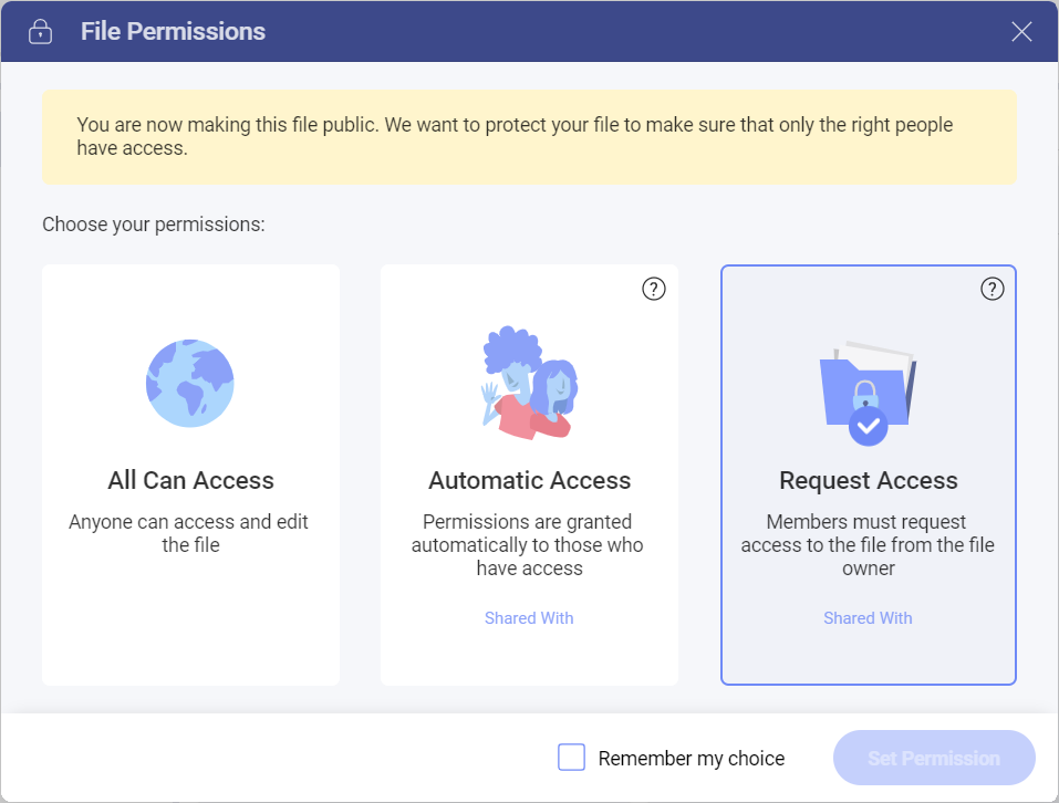 A dialog with three file permission types