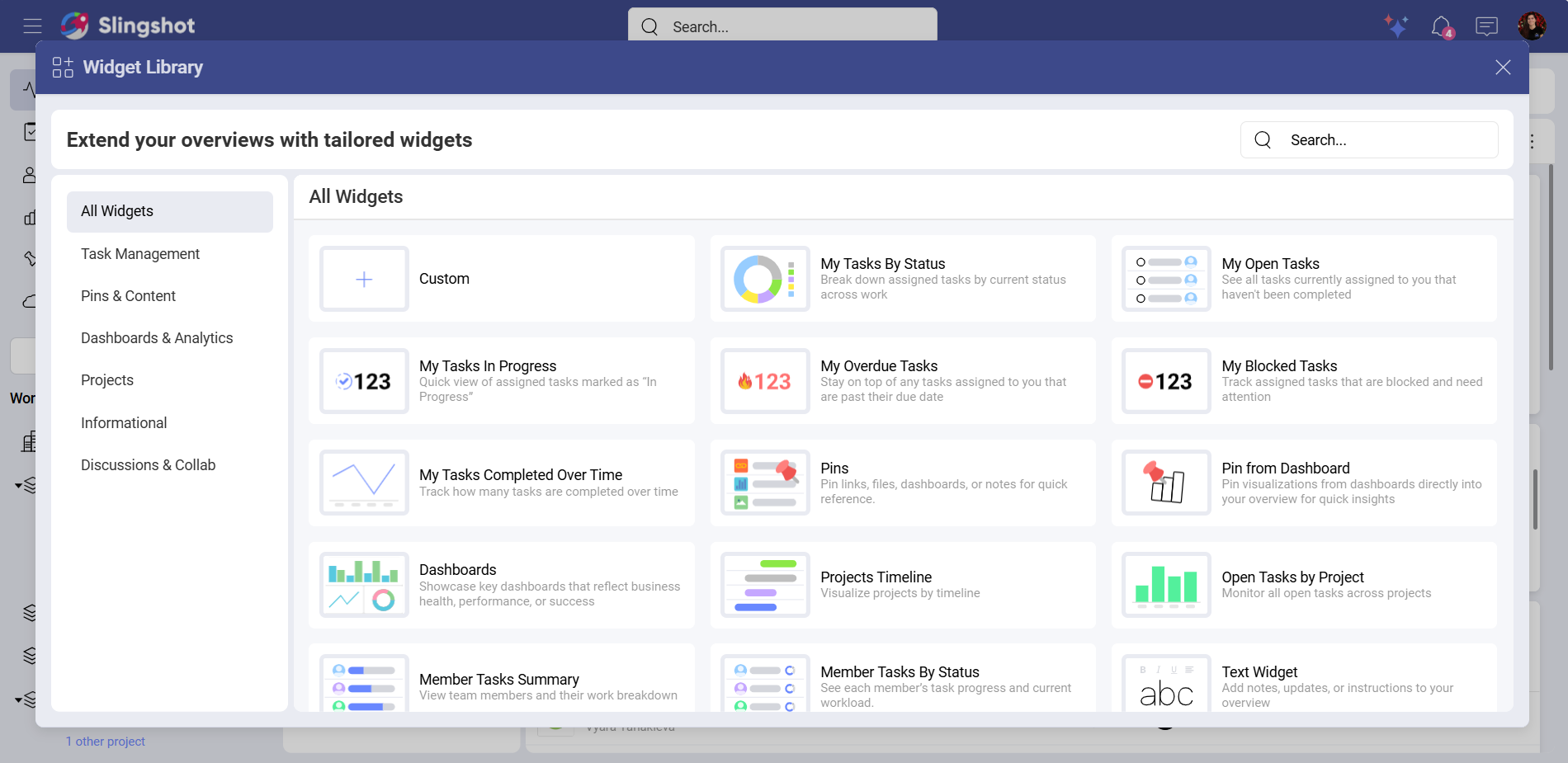 Widget Library dialog presenting widget categories