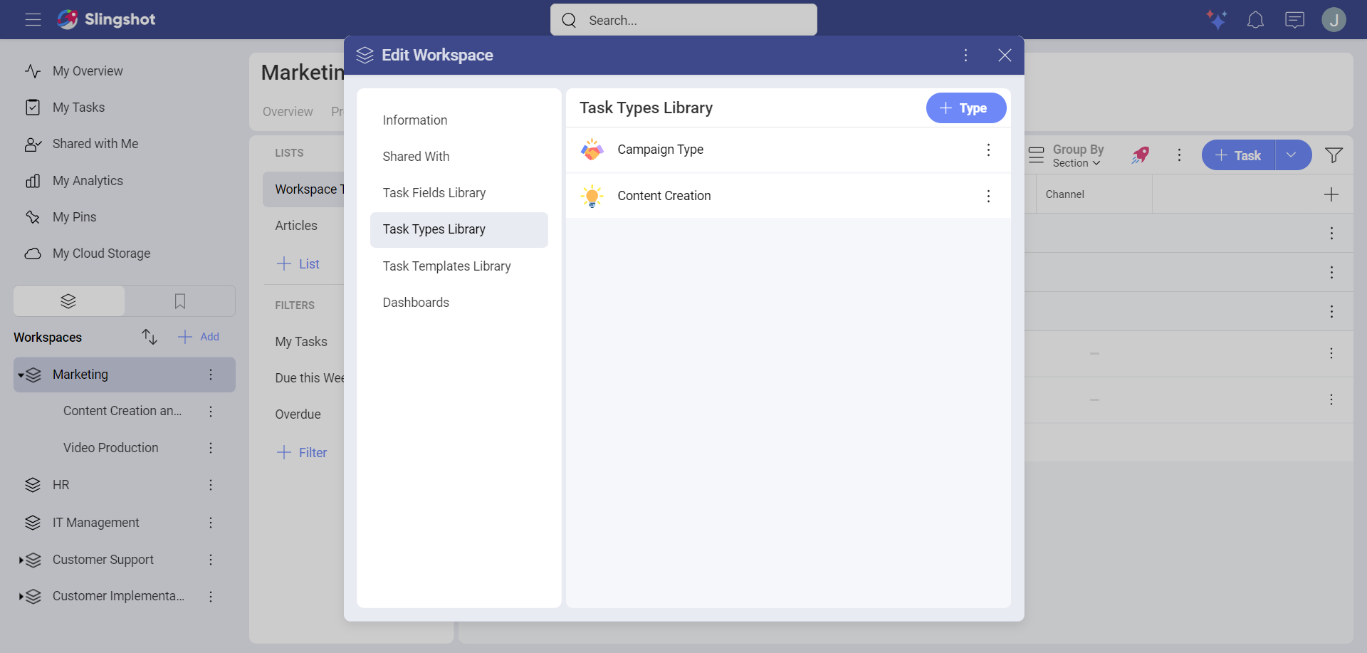 Example of workspace Task Types Library