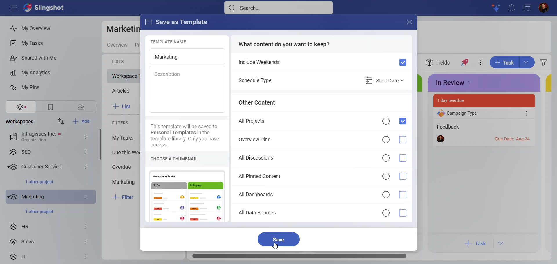 Workspace template tasks options